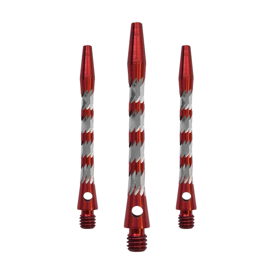Bulls NL Minor Aluminium Shafts in Rot, 46 mm lang. Das Bild zeigt ein Set roter Aluminiumschäfte für Dartpfeile.
