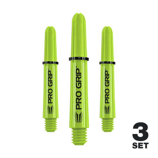 Target Pro Grip Shafts - 3 sady - Lime Green Das Bild zeigt drei limegrüne Pro Grip Shafts für Dartpfeile. Unten rechts steht "3 Set", was anzeigt, dass es sich um ein Set mit drei Stück handelt.