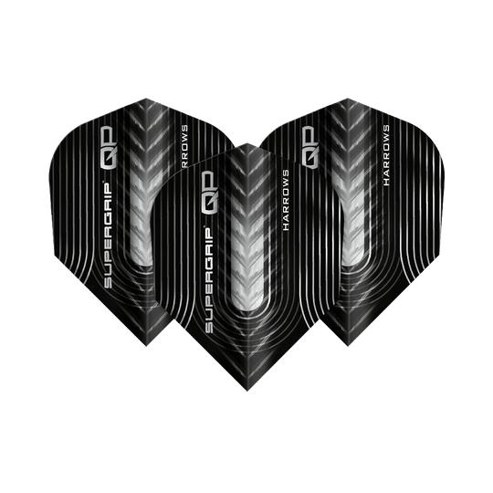 Letky Harrows Supergrip QP č. 6 Harrows Supergrip QP No6 Flights sind Dartflights mit besonderem Design. Dieses Bild zeigt ein Set dieser Flights.