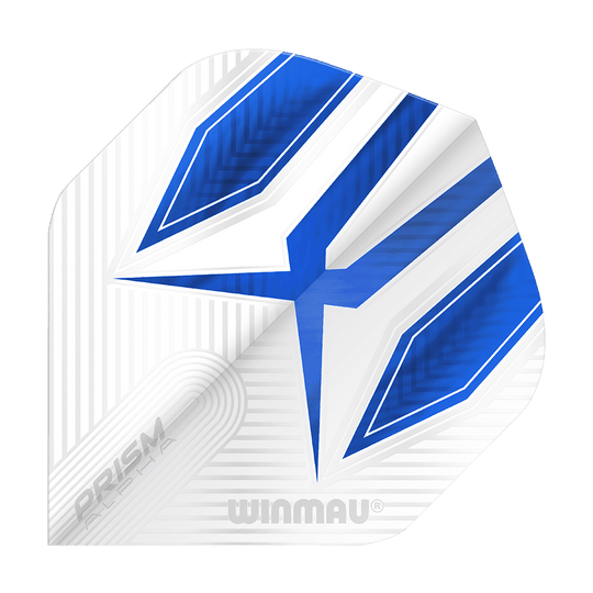 6915-112_Winmau_Prism_Alpha_6915-112_Standard_Flights_1 Das Bild zeigt ein Winmau Prism Alpha 6915.112 Standard Flight. Das Flight ist überwiegend weiß mit blauen und silbernen Designelementen.