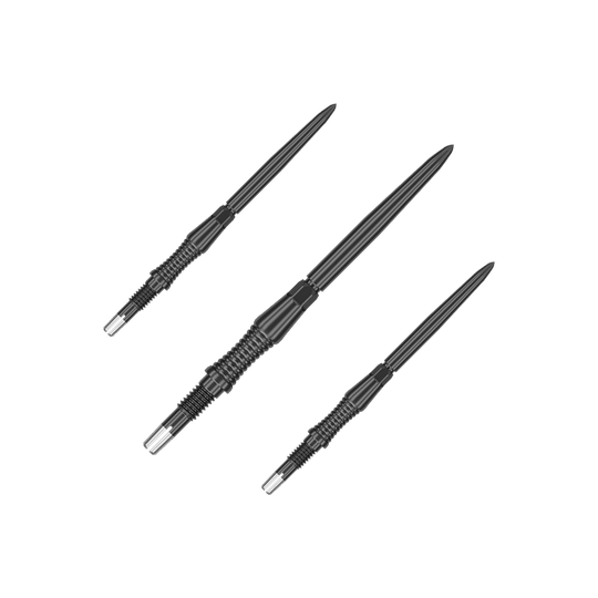 Target Swiss Point Dart Tips Signature RST - Black Das Bild stellt ein Set von schwarzen Dartspitzen Signature RST, 35mm, von Target Swiss Point dar. Die Spitzen sind nebeneinander angeordnet.