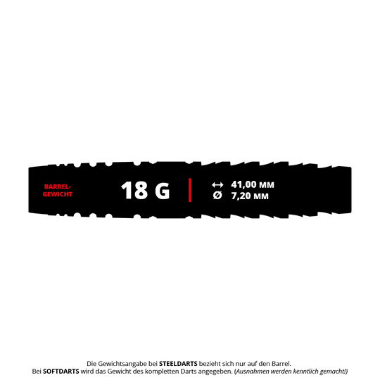 Dardos blandos Target Japan Prime Series Mayujo Morita GEN6 - 18 g Das Bild zeigt die Gewichts- und Maßangaben eines Softdart-Barrels: 18 Gramm, 41,00 mm lang und 7,20 mm im Durchmesser. Die Angaben beziehen sich auf das Produkt "Target Japan Prime Series Mayujo Morita GEN6 Softdarts - 18g".