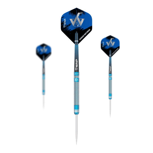 Bulls Jermaine Wattimena Generacja 3 stalowe lotki Das Bild zeigt drei Steeldarts des Modells "Bulls Jermaine Wattimena Generation 3". Die Darts haben blaue Flights mit weißen Initialen und silber-blau gestreifte Schäfte.