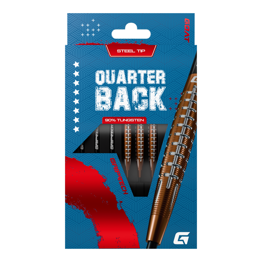 Dardos de acero de tungsteno GOAT Quarterback V1 Das Bild zeigt die GOAT Quarterback V1 Tungsten Steeldarts in einer blauen Verpackung. Die Darts bestehen zu 90% aus Tungsten und haben eine Stahlspitze.