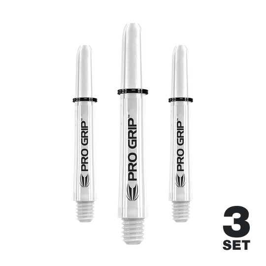 Target Pro Grip Shafts - 3 Sets - White Das Bild zeigt drei weiße Pro Grip Shafts für Dartpfeile. Unten rechts steht "3 Set" geschrieben.