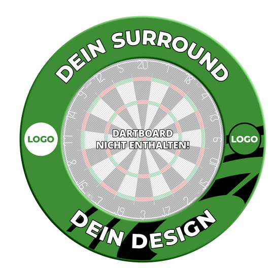 Dartboard Surround mit Deinem Design Das grüne Dartboard-Surround mit Wunschdruck ist aus einem weiteren Blickwinkel zu sehen. Es dient dem Schutz der Wand und dem besseren Spielerlebnis.