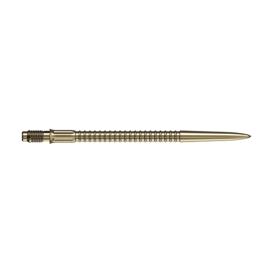 Mission R2.5 Rapid Point GV1 Dartspitzen - Gold Abgebildet sind goldene Dartspitzen von Mission R25 Rapid Point mit einer Länge von 40mm. Das Bild zeigt die Spitzen aus verschiedenen Perspektiven.