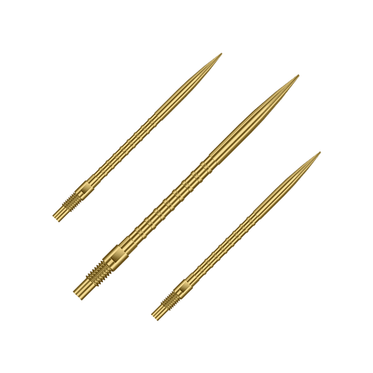 Das Bild zeigt Harrows Quick Point Heavy Metal Grip Dartspitzen in Gold mit einer Länge von 40mm. Es handelt sich um ein Set von Dartspitzen.
