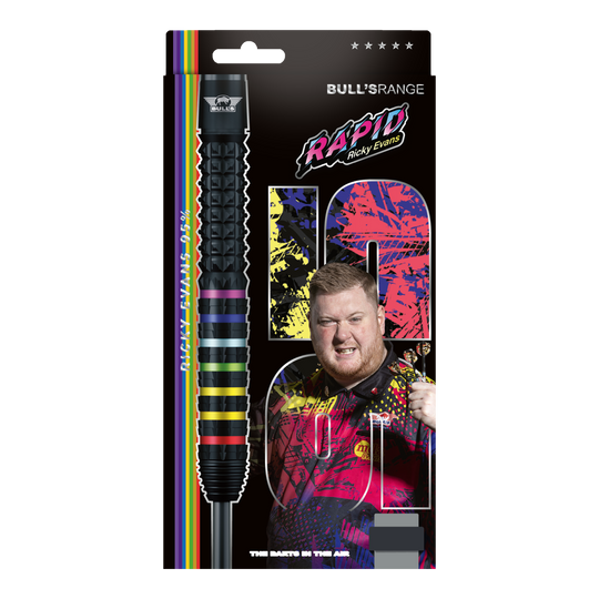 Bulls NL Ricky Evans Rapid 95 steel darts Das Foto zeigt die Bulls NL Ricky Evans Rapid 95 Steeldarts in der 23g-Ausführung. Die Darts werden aus einer anderen Perspektive dargestellt.