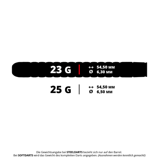 Fléchettes GOAT Fairway V1 en acier tungstène Das Bild zeigt zwei Gewichtsoptionen für Steeldarts: 23 g und 25 g. Die Maße betragen jeweils 54,50 mm Länge und 6,30 mm bzw. 6,50 mm Durchmesser.