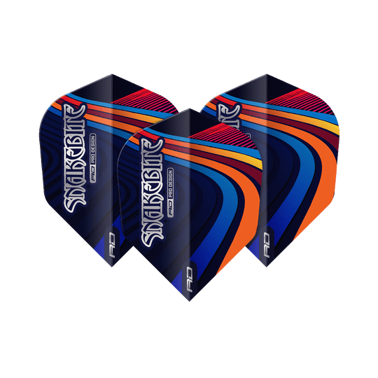 Letky Red Dragon Peter Wright Snakebite Multi Swirl č. 6 Das Bild zeigt drei bunte Dart-Flights mit dem Schriftzug "Snakebite". Die Flights haben ein auffälliges Muster in Blau, Orange, Rot und Gelb.