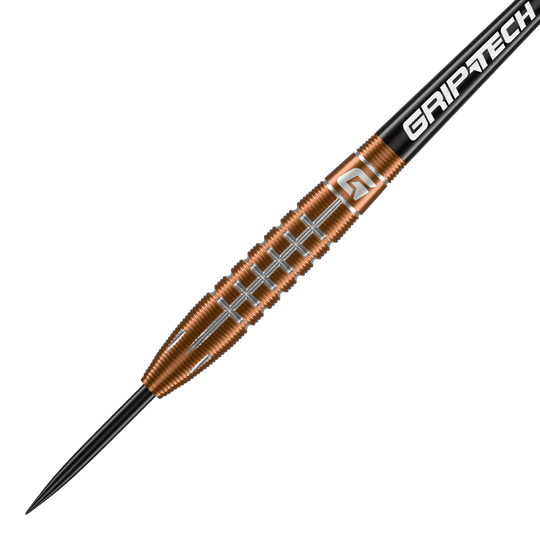 Šipky GOAT Quarterback V2 z wolframové oceli - 24g Der GOAT Quarterback V2 Tungsten Steeldart wiegt 24 Gramm und hat ein auffälliges, gerilltes Design. Auf dem Schaft steht das Wort "GRIPTECH" geschrieben.