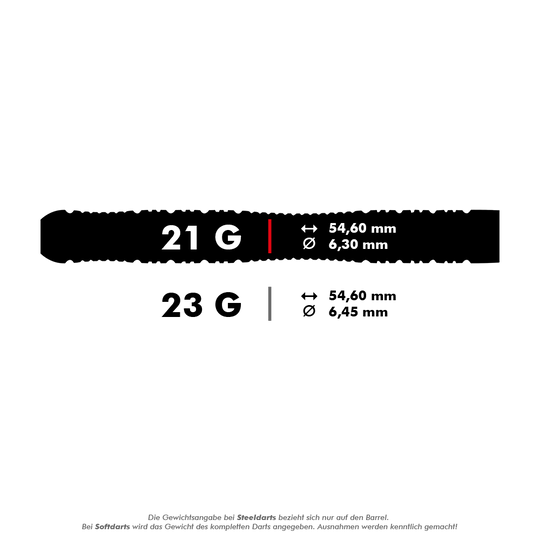 Dardos de acero Winmau Brendan Dolan Dieses Bild zeigt die technischen Daten von Steeldarts mit 21 und 23 Gramm. Die Länge beträgt jeweils 54,60 mm, der Durchmesser beträgt 6,30 mm bei 21 g und 6,45 mm bei 23 g.