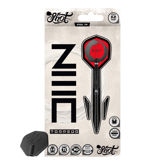 Shoty ZEN Torpedo Turbo Point Steel Darts - 23g Die Shot ZEN Torpedo Turbo Point Steeldarts mit 23g werden aus einer anderen Perspektive gezeigt. Die Oberfläche und die Details der Darts sind gut zu erkennen.