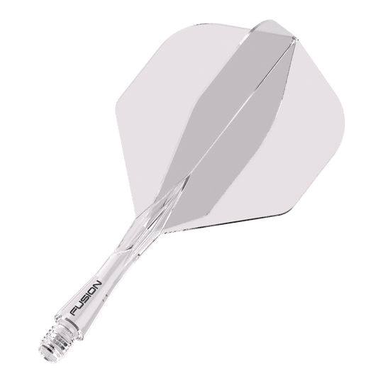 Winmau Fusion Flight-Shaft-System Standard Clear Das Bild zeigt ein durchsichtiges Dartflight- und Shafts-System. Auf dem Schaft steht das Wort "FUSION".