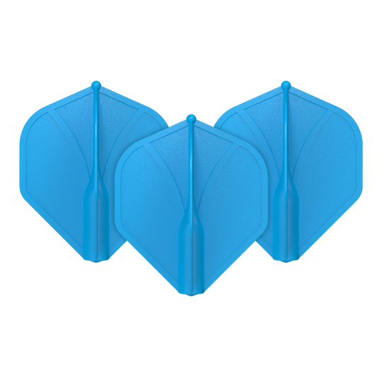 Shot Airfoil Molded No2 Standard Flights Auf dem Bild sind drei blaue Dart-Flights zu sehen. Sie haben eine geformte, stabile Struktur und sind nebeneinander angeordnet.