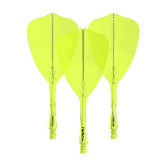 Winmau Fusion Flight-Shaft-System Arrow Neon Yellow Dieses Bild zeigt das Winmau Fusion Flight Shaft System Arrow Set in Neongelb mit einer Länge von 28 mm. Zu sehen ist vermutlich ein komplettes Dartset.