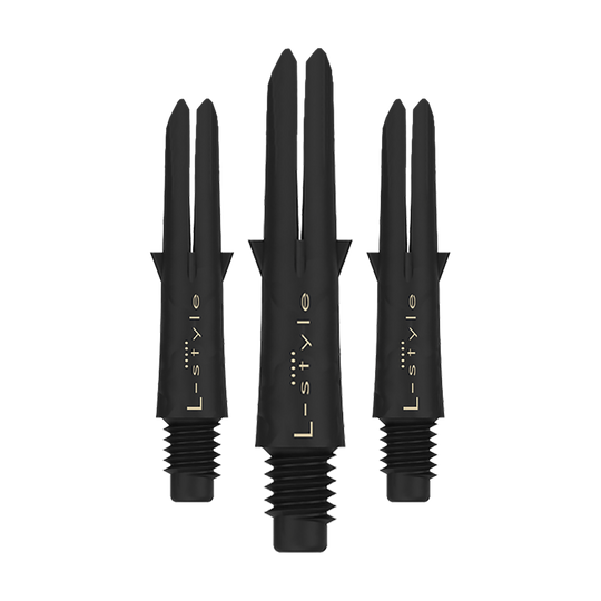 Arbres en carbone de style L Das Bild zeigt drei schwarze Dartschäfte aus Carbon der Marke L-Style. Sie sind ohne Kappen und haben eine Länge von 26 mm.