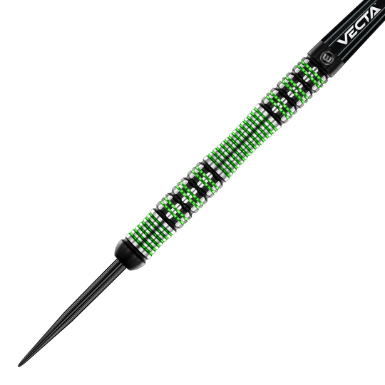 Dardos de acero Winmau Brendan Dolan Das Bild zeigt einen Winmau Brendan Dolan Steeldart. Der Dartpfeil hat ein auffälliges Design mit grünen und silbernen Ringen am Barrel.