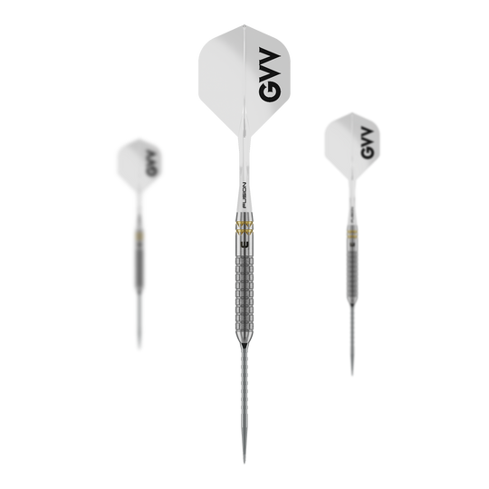 Winmau Gian Van Veen W-MAX Switch Point Steeldarts Auf dem Bild ist ein Set der Winmau Gian Van Veen W-MAX Switch Point Steeldarts zu sehen. Alle drei Darts und das Zubehör sind abgebildet.