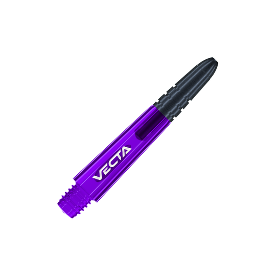 Dies ist ein lila und schwarzer Dart-Shaft mit der Aufschrift "VECTA". Der Shaft hat ein modernes, sportliches Design und misst 34 mm.