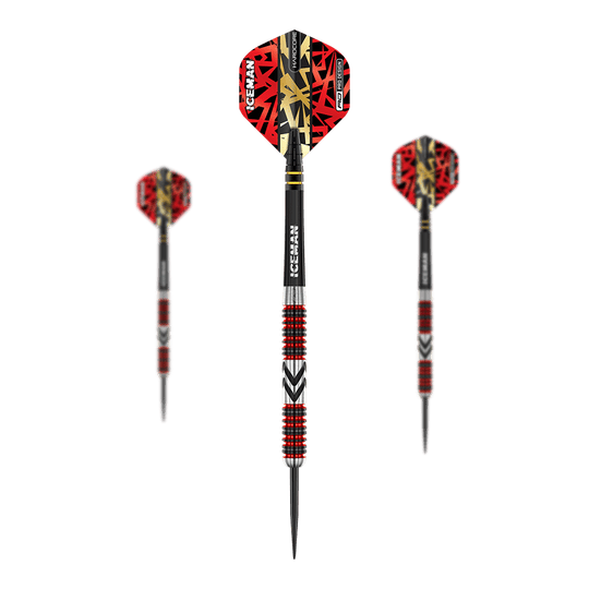 Dardos de acero Red Dragon Gerwyn Price Firebird Das Bild zeigt drei Steeldarts mit auffälligen roten und schwarzen Flights. Die Schäfte sind silbern mit roten und schwarzen Rillen sowie der Aufschrift "ICEMAN".