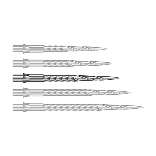 Stalowe groty do lotek Caliburn System - Spiro - NoLip - srebrne Zu sehen ist vermutlich eine Steeldartspitze in Silber, 32 mm lang. Das Produkt ist eine Spiro NoLip Spitze vom Caliburn Evo System.