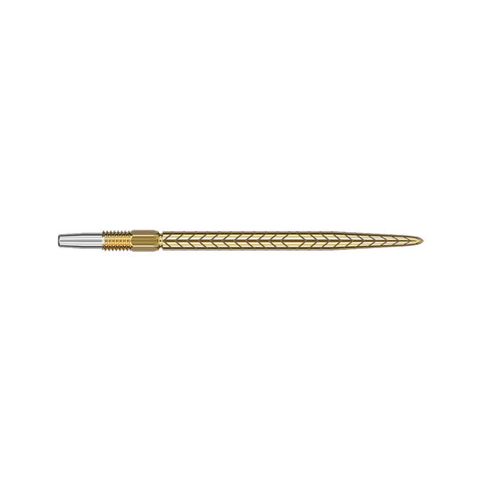 Target Swiss Point RVE Dartspitzen - Gold Das Bild zeigt eine goldfarbene Dartspitze mit einem feinen, eingravierten Muster. Die Spitze ist lang und hat ein elegantes, schlankes Design.