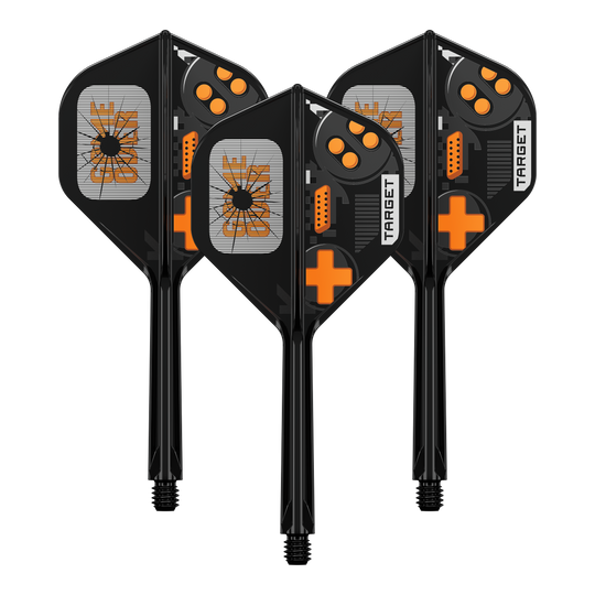 Target K-Flex Game Over No2 Standard Flights Das Bild zeigt das Produkt 410581_Target_K-Flex_GameOver_No2_Standard_Flights_33mm_1Set. Es ist wahrscheinlich ein Set von Dart-Flights oder ähnlichem Zubehör.