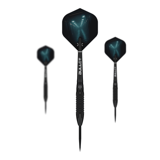 Dieses Bild stellt die Bullet Cage Steeldarts dar. Die Pfeile sind speziell für das Steeldart-Spielen konzipiert.