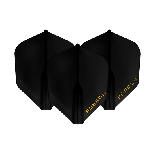 Voli Robson Plus - NO6 Das Bild zeigt drei schwarze Dart-Flights mit der Aufschrift "ROBSON" in gelber Schrift. Sie sind nebeneinander angeordnet und heben sich vor einem weißen Hintergrund ab.