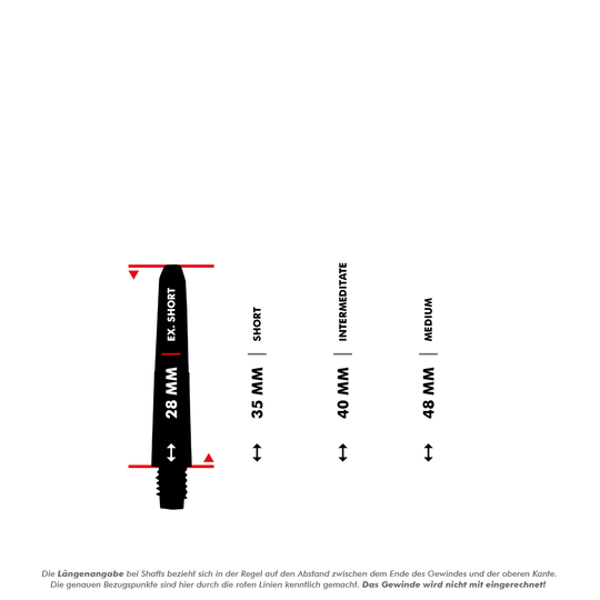 MD-600_Nylon_Shafts_mit_Wunschdruck_5_28mm Das Bild zeigt verschiedene Längen von Nylon Shafts, dargestellt in Millimetern. Die Längen reichen von 28 mm (Ex-Short) bis 48 mm (Medium).