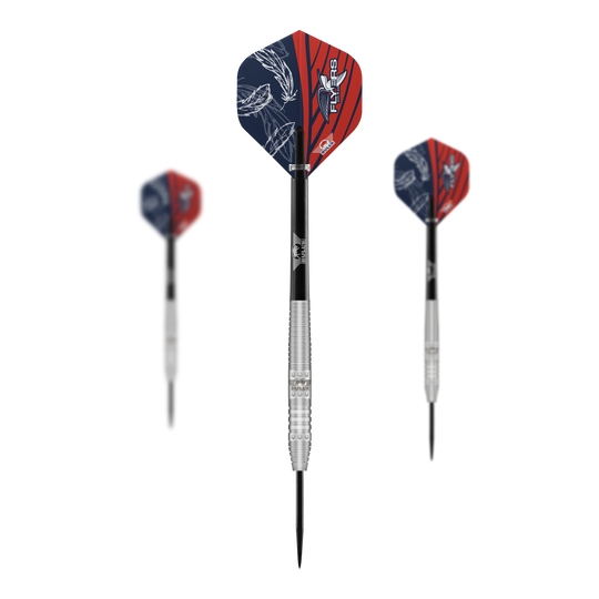 Bulls NL Richard Veenstra 80 Steeldarts - 23g Das Bild zeigt drei Steeldarts des Modells "Bulls NL Richard Veenstra 80" mit 23g Gewicht. Die Flights sind rot-blau gestaltet und auf dem mittleren Dart ist das Logo gut zu erkennen.