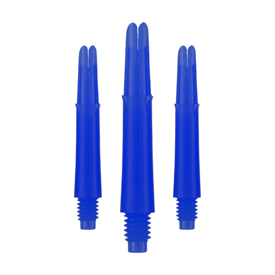 L-tvarované L-hřídele, rovné, zajištěné - modré Auf dem Bild sind drei blaue Dartschäfte in unterschiedlicher Höhe zu sehen. Sie haben ein gerades Design und ein Gewinde am unteren Ende.