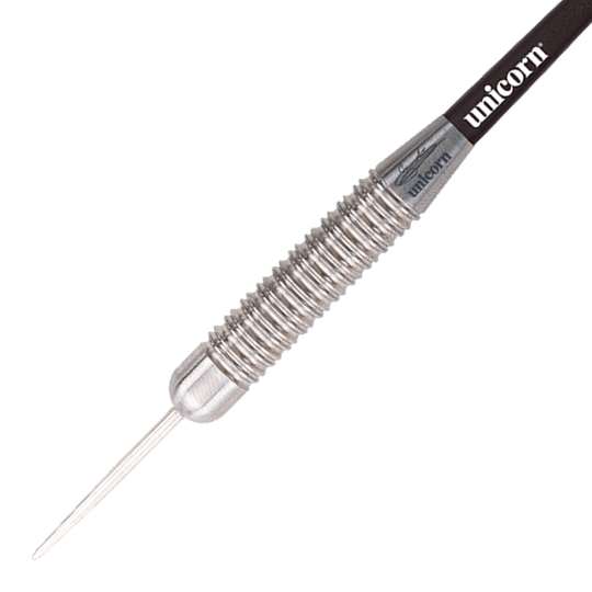 27520_Unicorn_Bullet_Gary_Anderson_Steeldarts_2 Auf dem Bild ist ein Unicorn Bullet Gary Anderson Steeldart mit einem Gewicht von 22 Gramm zu sehen. Der Dartpfeil hat ein silbernes, geriffeltes Griffstück und einen schwarzen Schaft mit dem Schriftzug "unicorn".