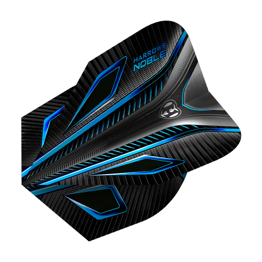 HR7_Harrows_Noble_Aqua_Standard_Flights_2 Das Bild zeigt die Harrows Noble Aqua Standard Flights, ein Zubehörteil für Dartpfeile. Sie sind schwarz mit blauen und silbernen Akzenten gestaltet und wirken sehr modern.