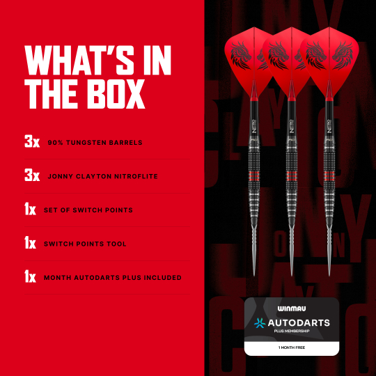 Die Aufnahme zeigt Red Dragon Jonny Clayton RD-PRO Switch Point Steeldarts aus einer anderen Perspektive. Die feine Struktur und Form der Darts ist erkennbar.