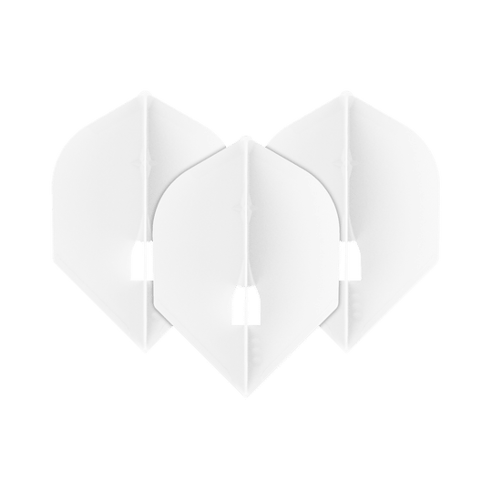 L-Style L5PRO Rocket Flights Das Bild zeigt drei weiße L-Style L5PRO Rocket Flights für Dartpfeile. Sie sind in einer überlappenden Formation angeordnet und haben eine moderne, kantige Form.