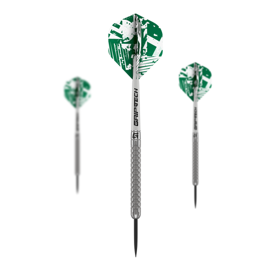 Šipky GOAT Fairway V1 z wolframové oceli Hier wird das Set GOAT Fairway V1 Tungsten Steeldarts gezeigt. Die Komponenten liegen geordnet beieinander.