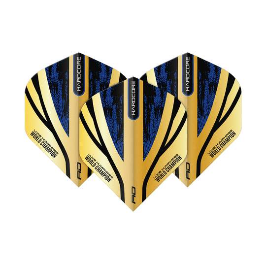 Red Dragon Hardcore Premium Luke Humphries Zlaté standardní lety Das Bild zeigt drei Dart-Flights mit einem gold-schwarzen und blauen Design. Auf den Flights steht "Luke Humphries World Champion" sowie "Hardcore".