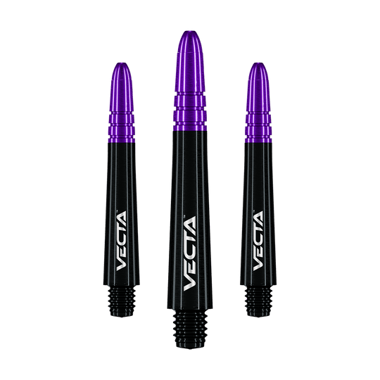 Winmau Vecta Shafts - Schwarz Lila Das Bild zeigt drei Dartschäfte mit schwarzem Schaft und violettem Kopf. Auf den Schäften steht das Wort "VECTA" in weißer Schrift.