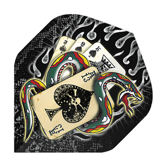 Standardní letky Alchemy Snake Of Spades No2 Das Bild zeigt ein buntes Schlangenmuster, das sich um eine Hand von Spielkarten windet. Im Hintergrund sind Flammen und ein schwarzer, strukturierter Hintergrund zu sehen.