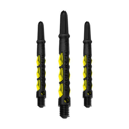 HR421_Harrows_Carbon_ST_Shafts_Gelb_47mm_1gzp8xbkzOZoUl Das Bild zeigt drei schwarze Dartschäfte mit gelben Akzenten der Marke "Harrows Carbon ST Shafts - Gelb". Auf den Schäften steht der Schriftzug "CARBON ST".