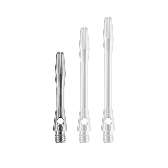 Das Bild zeigt drei silberfarbene Dartschäfte in unterschiedlicher Länge. Es handelt sich um die „Harrows Keramic Shafts - Gun Metal“.