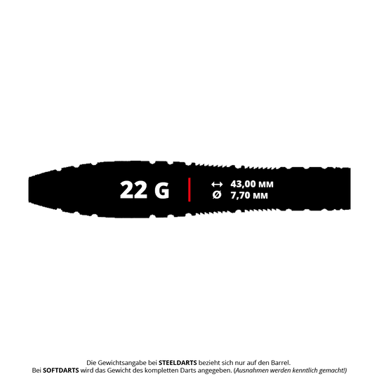Ocelové šipky Caliburn Wolfpack W2 - 22g Das Bild zeigt den Caliburn Wolfpack W2 Steeldart mit einem Gewicht von 22 Gramm. Die Länge beträgt 43,00 mm und der Durchmesser 7,70 mm.