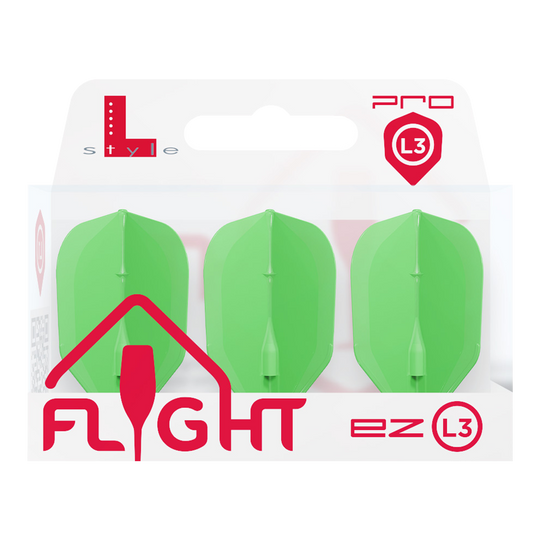 L-Style L3EZ Flights Zwei Dart-Flights mit klassischer Standardform liegen auf dem Bilduntergrund. Die Kanten sind gleichmäßig.