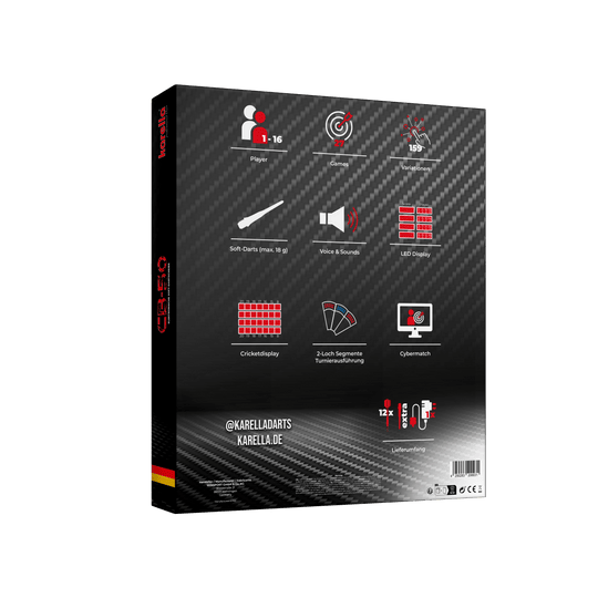 Elektronische Dartscheibe Karella CB 50 Turnierausführung Die Abbildung zeigt die Verpackung der elektronischen Dartscheibe Karella CB 50 Turnierausführung. Auf der Rückseite sind die wichtigsten Produkteigenschaften und Funktionen grafisch dargestellt.