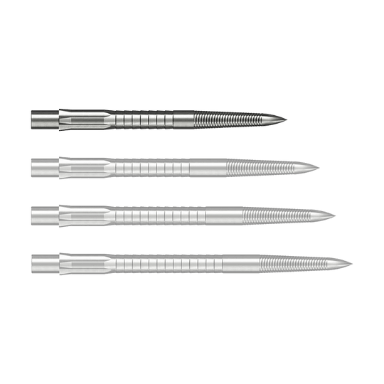 Puntas de dardos Caliburn System de acero - Micro Grip - Plateadas Abgebildet ist eine silberne Caliburn Evo System Steeldartspitze Micro Grip mit 28 mm Länge. Die Spitze liegt deutlich sichtbar auf einem hellen Hintergrund.