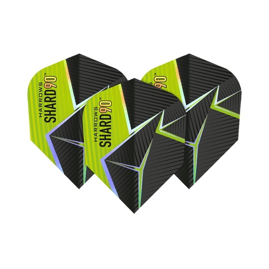 Voli Harrows Prime Shard No6 Das Bild zeigt drei Harrows Prime Shard No6 Flights für Darts. Die Flights haben ein schwarz-gelbes Design mit futuristischen Linien und dem Aufdruck "SHARD 90".