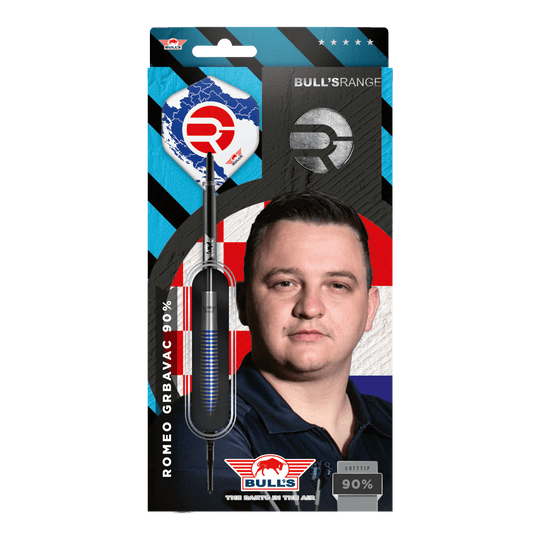 Bulls NL Romeo Grbavac Softdarts- 19g Die Verpackung zeigt die Softdarts "Bulls NL Romeo Grbavac" mit einem Gewicht von 19g. Auf der Vorderseite ist auch das Bild eines Mannes und das Logo von Bulls abgebildet.